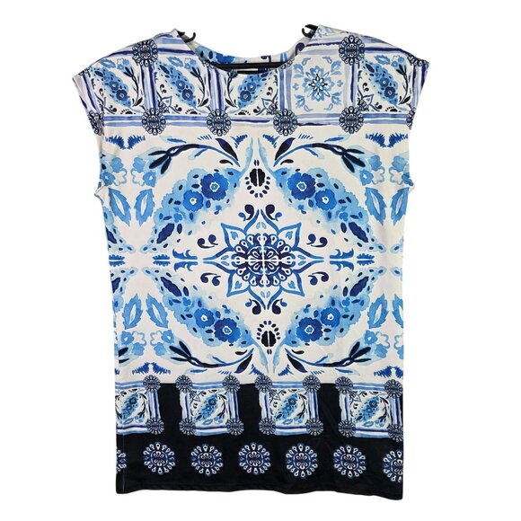 Womens Mely New York Blue & White Print Sleeveless Top Short Sleeve Polyester L - Picture 1 of 8